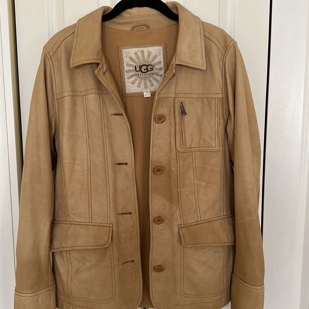 UGG Australia Genuine Lamb Leather Jacket - Tan Beige Button Up Coat, Size M - Picture 12 of 15